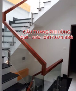 Cầu thang gỗ kính đẹp Hà Nội báo giá cầu thang kính cường lực tay vịn gỗ