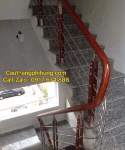 Cầu thang inox tay vịn gỗ, cầu thang inox đẹp, hiện đại, thi công chuyên nghiệp