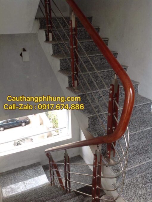 Cầu thang inox tay vịn gỗ, cầu thang inox đẹp, hiện đại, thi công chuyên nghiệp
