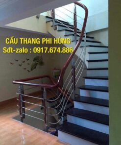 Cầu thang inox, cầu thang inox tay vịn gỗ đẹp nhất Hà Nội