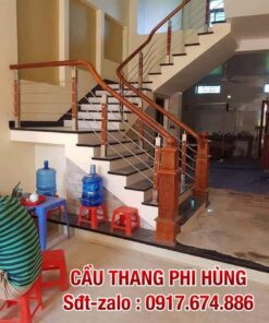 Cầu thang inox đẹp, cầu thang inox tay vịn gỗ