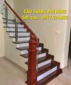 Cầu thang kính gỗ đẹp, cầu thang kính cường lực Hà Nội