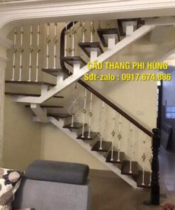 Cầu thang xương cá mặt bậc gỗ, báo giá cầu thang xương cá