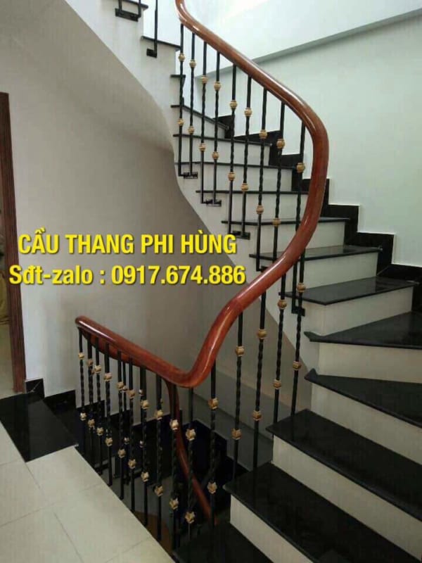 Cầu thang lan can sắt tay vịn gỗ, cầu thang lan can sắt nghệ thuật