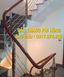 Cầu thang gỗ inox, cầu thang inox tay vịn gỗ, cầu thang inox đẹp