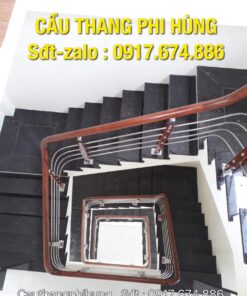 Cầu thang inox đẹp tại Hà Nội, cầu thang inox tay vịn gỗ