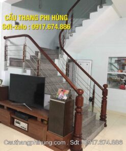 Cầu thang inox tay vịn gỗ đẹp nhất năm 2020, báo giá cầu thang lan can inox tay vịn gỗ