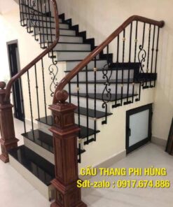 Cầu thang sắt tay vịn gỗ, báo giá cầu thang sắt tại Hà Nội