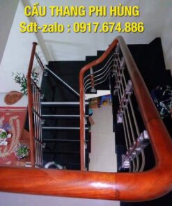 Cầu thang inox, Cầu thang lan can inox, Cầu thang inox tay vịn gỗ