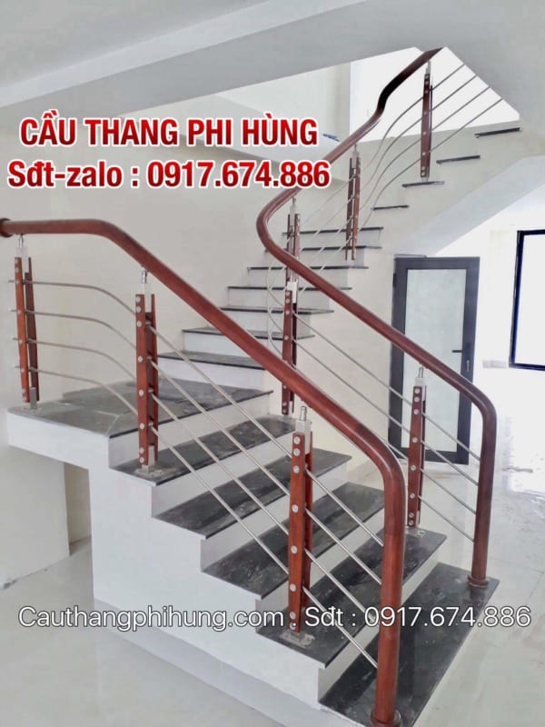 Cầu thang inox gỗ đẹp, Cầu thang inox lan can inox tại Hà Nội