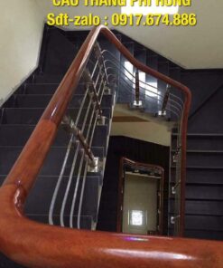 Cầu thang inox đẹp tại Hà Nội, Báo giá cầu thang lan can inox tay vịn gỗ