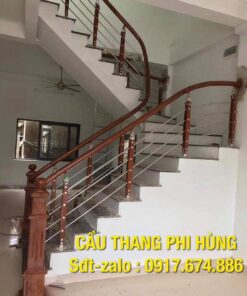 Cầu thang gỗ inox đẹp, Cầu thang inox tay vịn gỗ tại Hà Nội