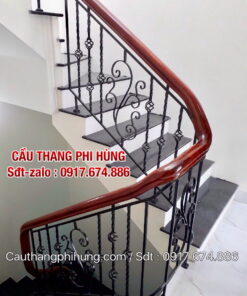 Cầu thang sắt tay vịn gỗ , Cầu thang sắt nghệ thuật, Lan can cầu thang sắt mỹ thuật