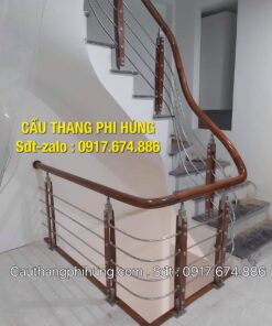 Các mẫu cầu thang inox gỗ đẹp, Cầu thang lan can inox tay vịn gỗ tại Hà Nội