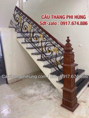 Lan can cầu thang sắt nghệ thuật, Báo giá cầu thang sắt đẹp tay vịn gỗ, Cầu thang sắt mỹ thuật tại Hà Nội