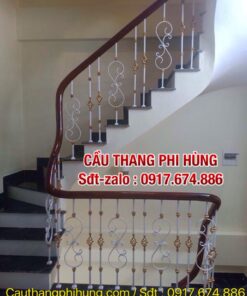 Cầu thang lan can sắt đẹp tay vịn gỗ, Cầu thang lan can sắt nghệ thuật