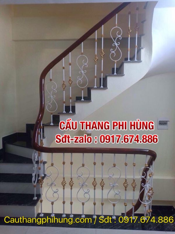 Cầu thang lan can sắt đẹp tay vịn gỗ, Cầu thang lan can sắt nghệ thuật