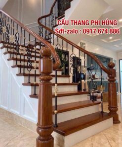 Cầu thang sắt tay vịn gỗ , Cầu thang sắt mỹ thuật tại Hà Nội