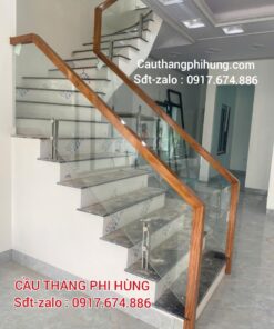 Cầu Thang Kính Tay Vịn Gỗ Hiện Đại. Tay Vịn Cầu Thang Kính Đẹp