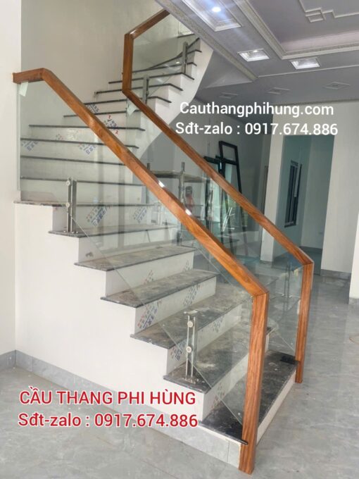 Cầu Thang Kính Tay Vịn Gỗ Hiện Đại. Tay Vịn Cầu Thang Kính Đẹp