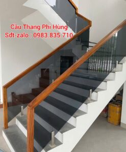 Cầu Thang Kính Đẹp Xám Khói . Cầu Thang Kính Tay Vịn Gỗ